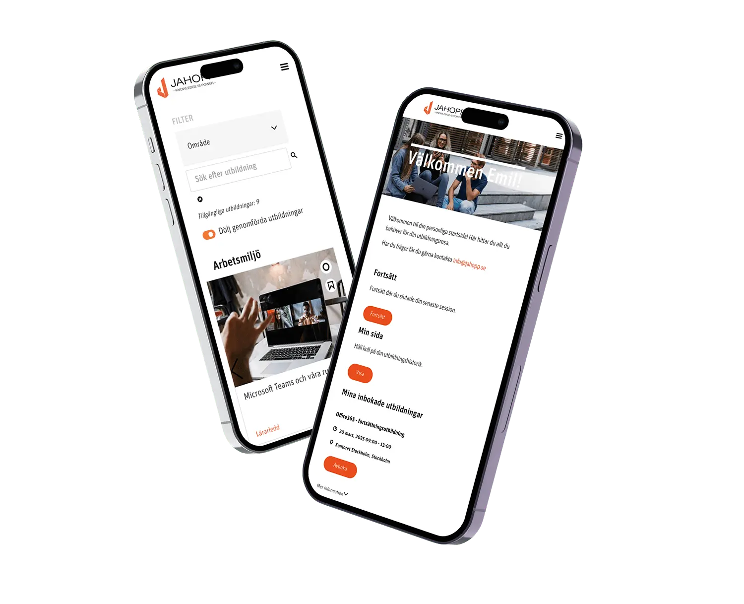 Två mobiler som visar Jahopps LMS och LXP-gränssnitt, inklusive en personlig dashboard för utbildningshantering och anpassade kurser.